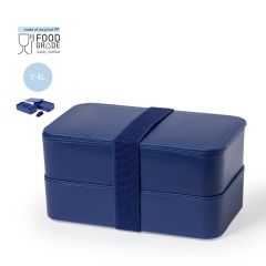 Dobbeltdækker madkasse fremstillet i genanvendt plast med elastikbånd 