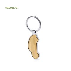 Nøglering i blank metal og bambus designet som bil