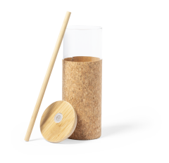 Varmesikret glasflaske med kork omslag og bambus sugerør, 500 ml