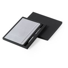 Gaveæske med metallic kunstlæder notesbog og roller pen